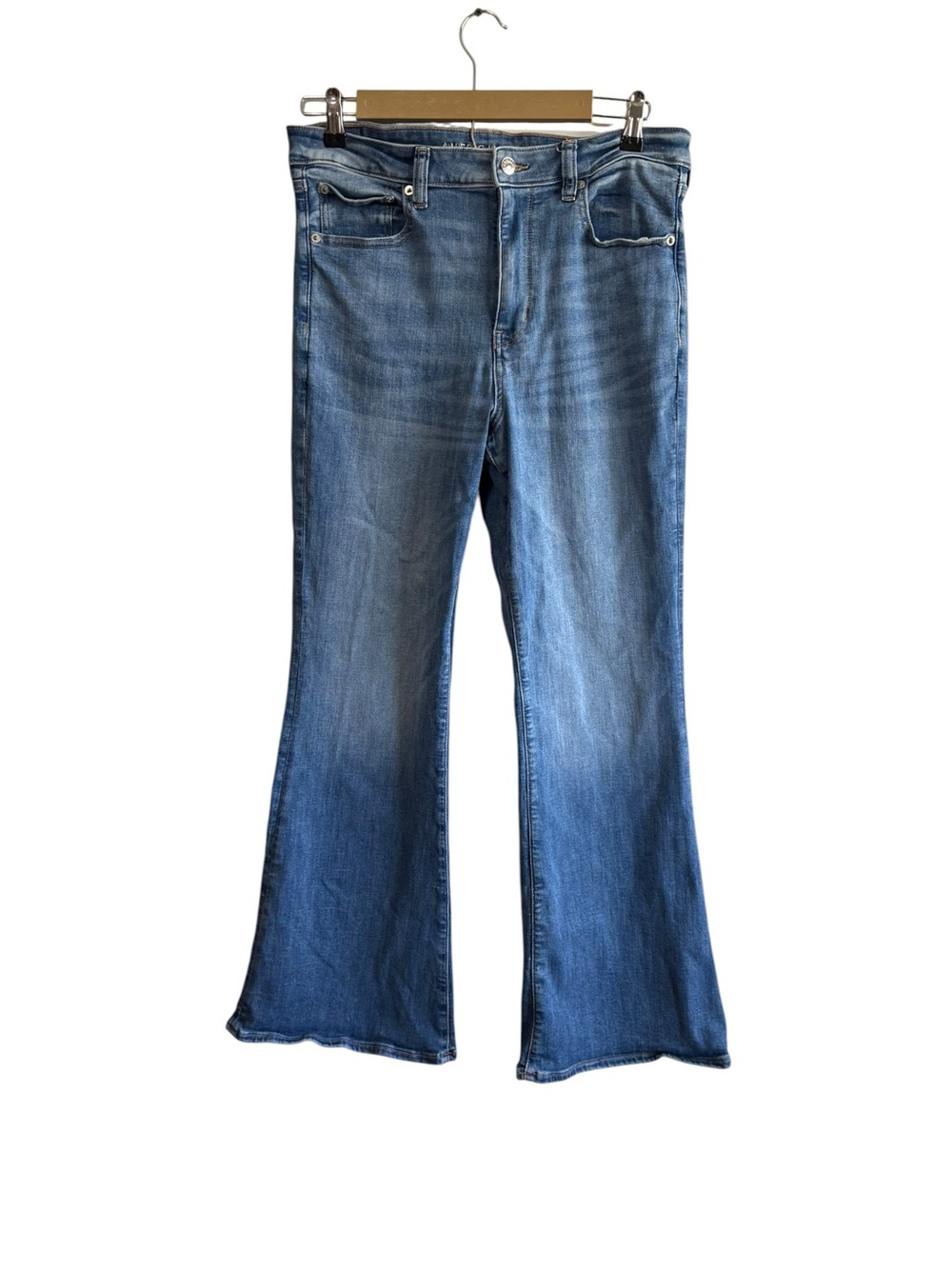 American Eagle Size 12 Super Hi Rise Flare Jeans Medium Wash Western Denim - Picture 1 of 8